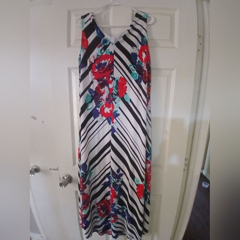 Striped Floral Maxi Dress - Red, Blue, Black, White